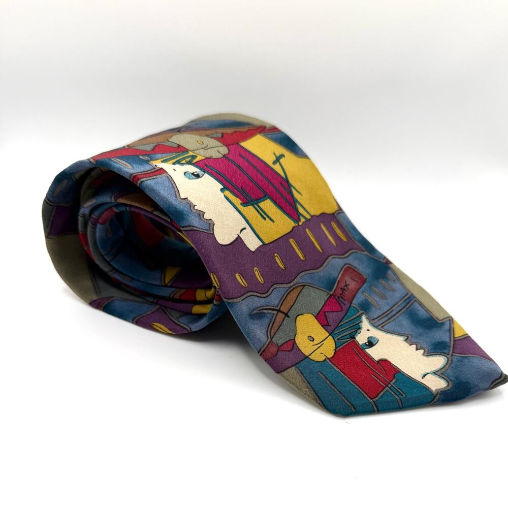 Vintage 90s Neo Max Purple Blue 100% Silk Peter Max Pop Art Necktie